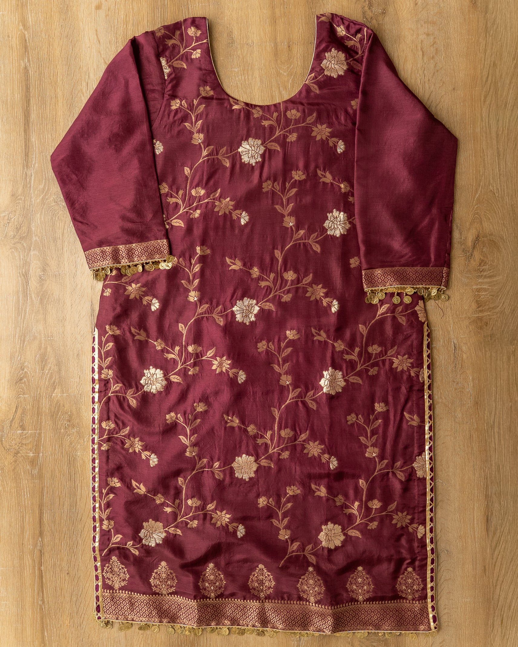 Wine Floral Silk Kurta Set