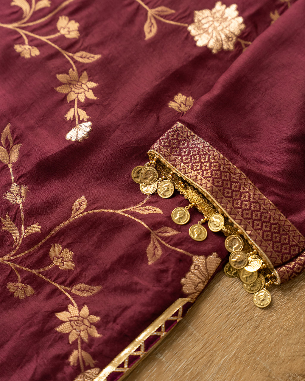 Wine Floral Silk Kurta Set