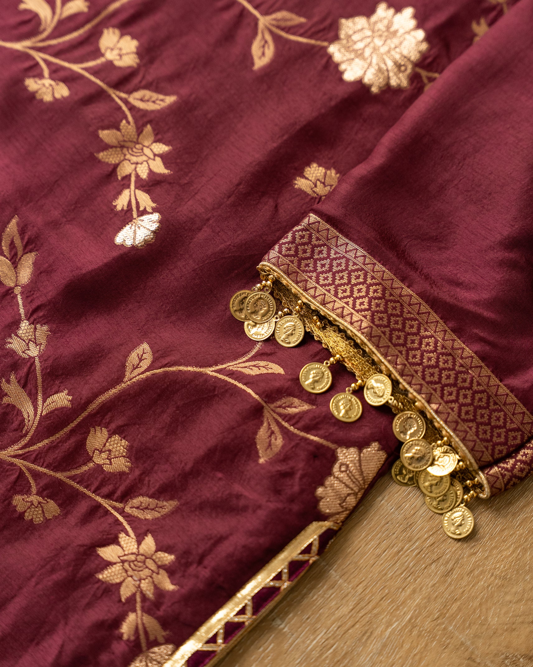 Wine Floral Silk Kurta Set