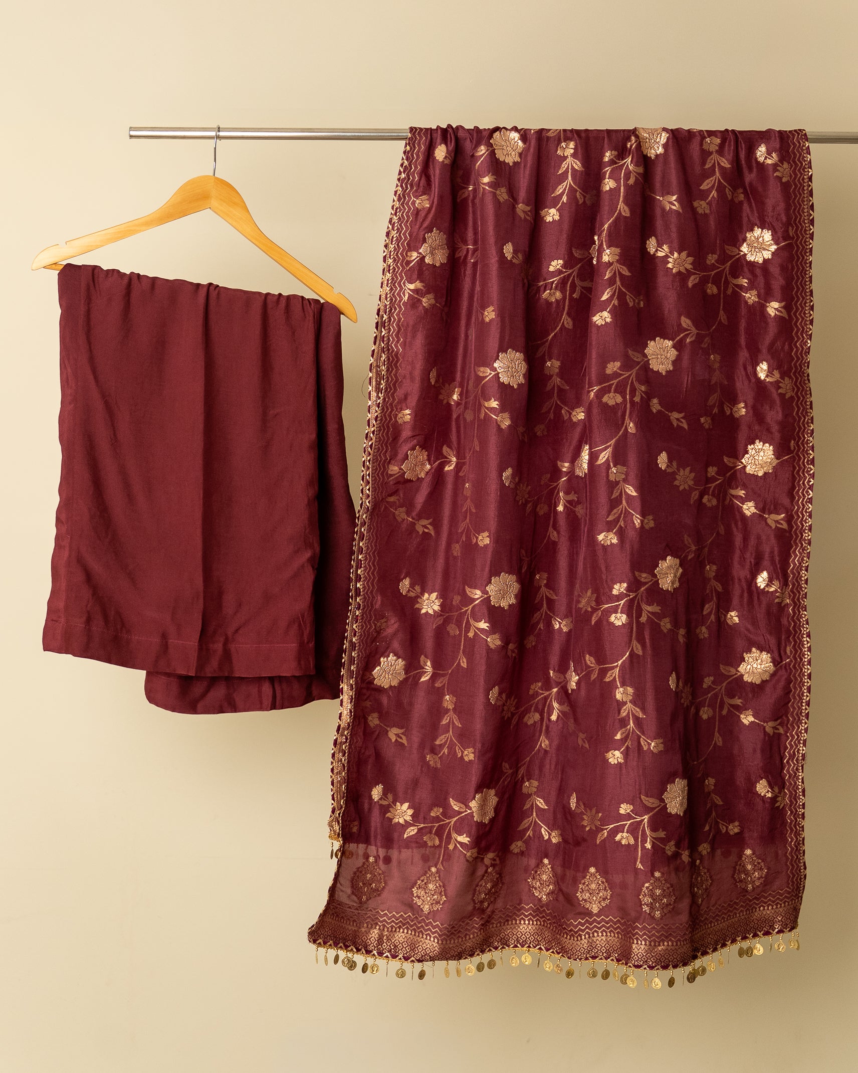 Wine Floral Silk Kurta Set