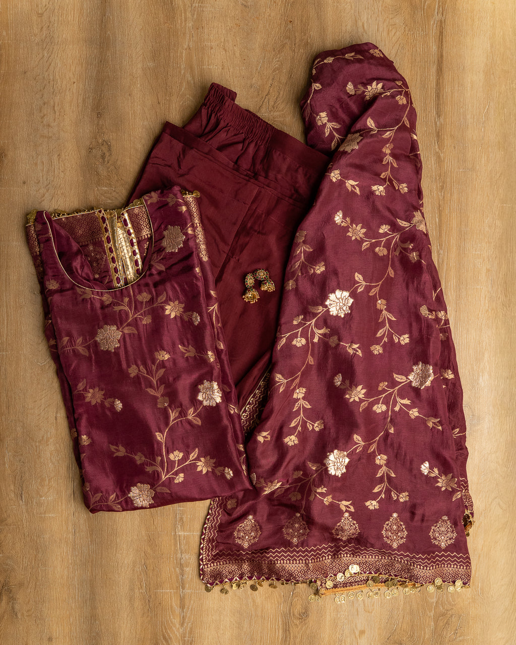 Wine Floral Silk Kurta Set
