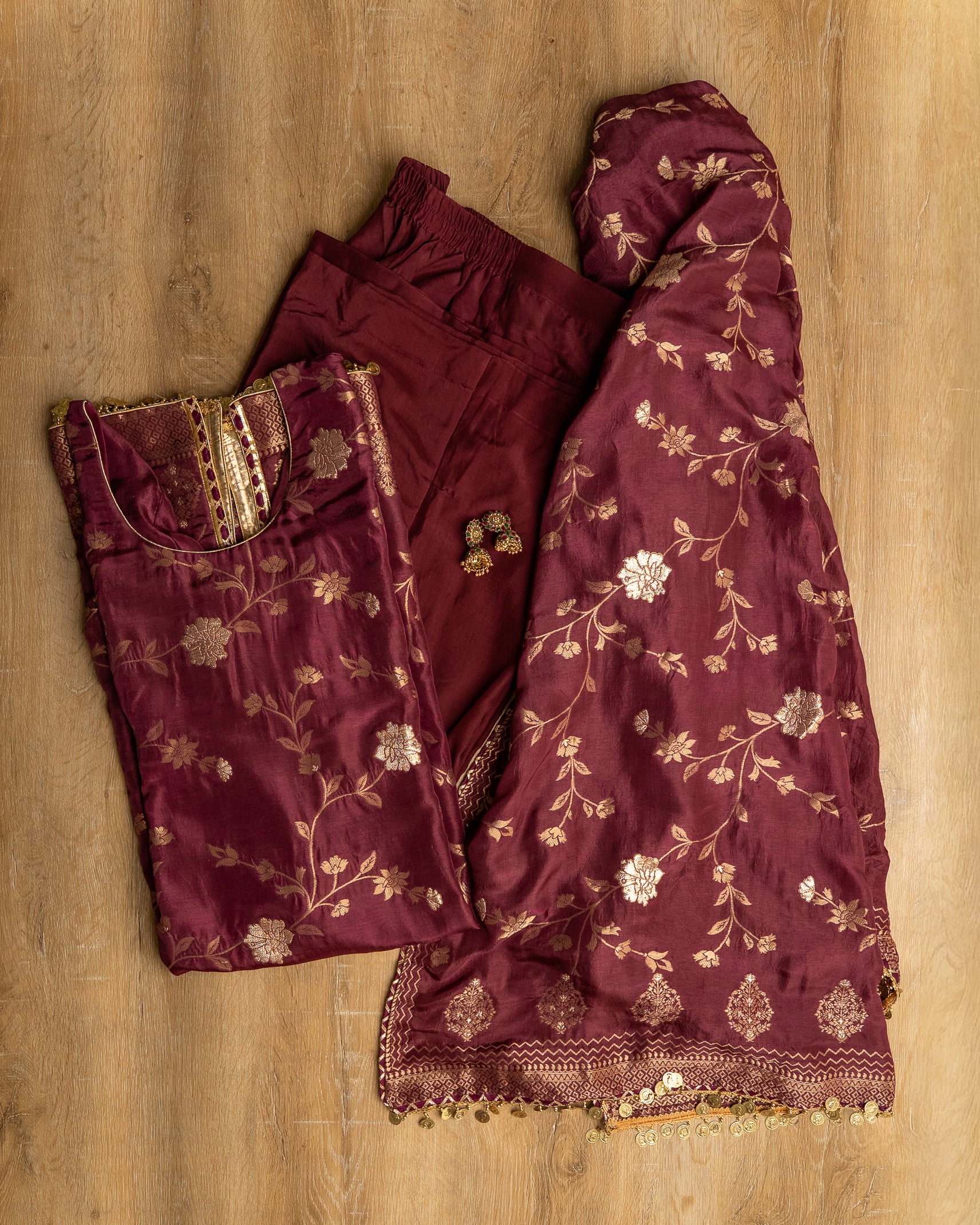 Wine Floral Silk Kurta Set