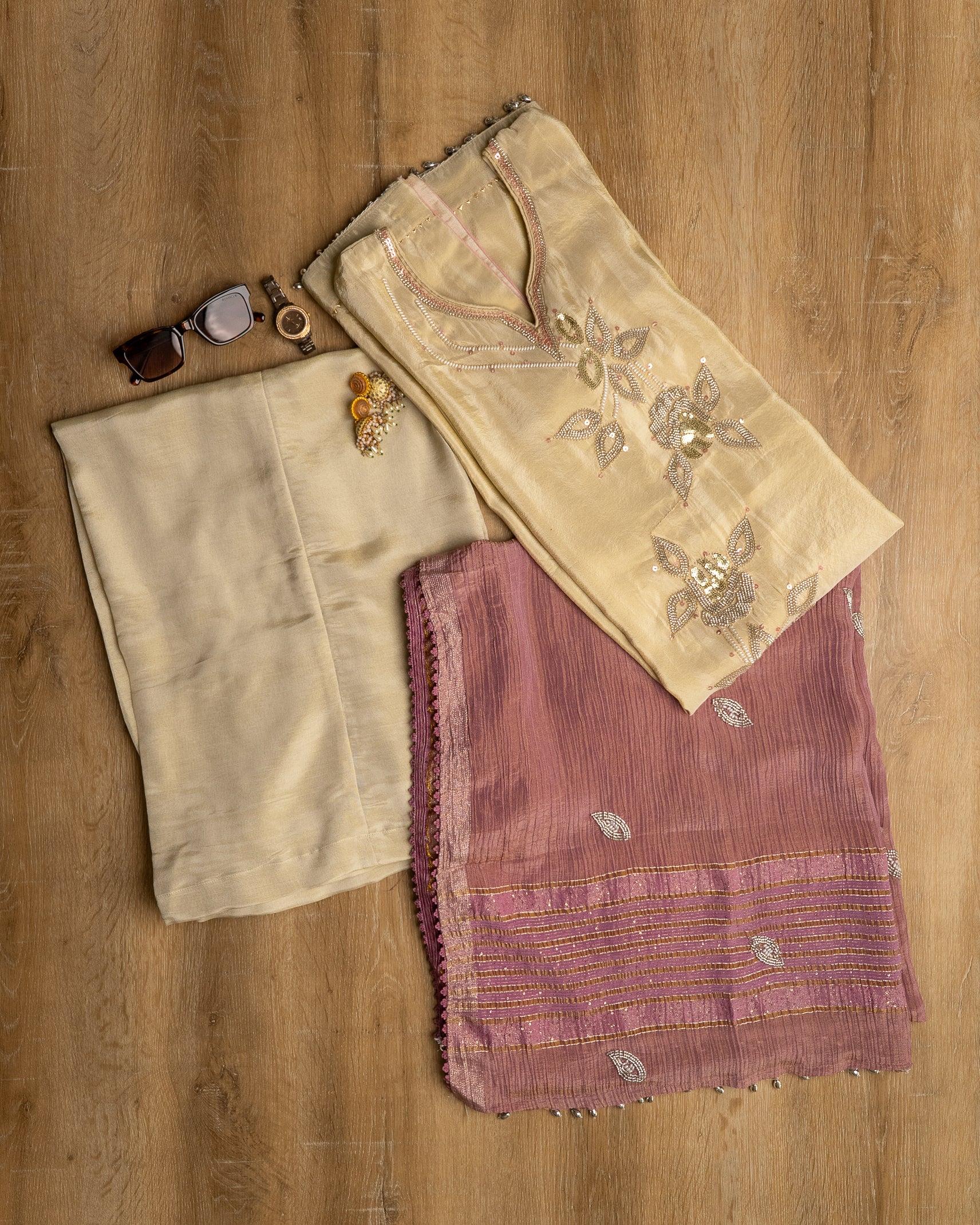 Dusty Rose Crinkle Suit Set with Embellished Kurti