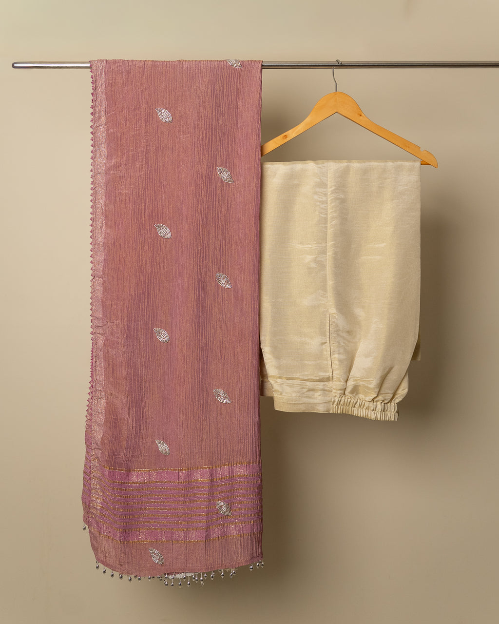 Dusty Rose Crinkle Suit Set with Embellished Kurti