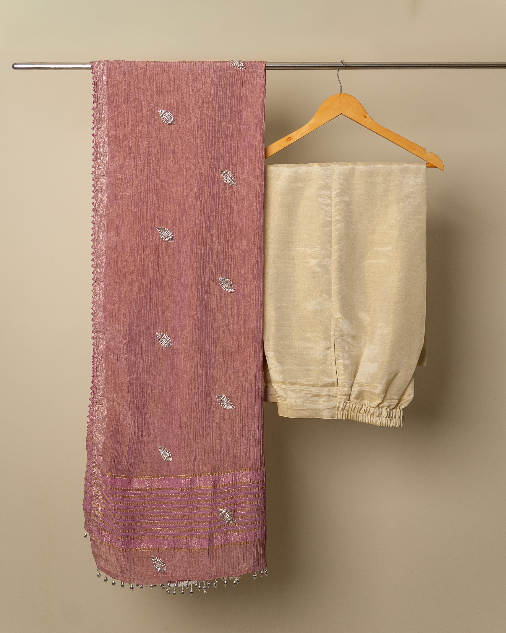 Dusty Rose Crinkle Suit Set with Embellished Kurti