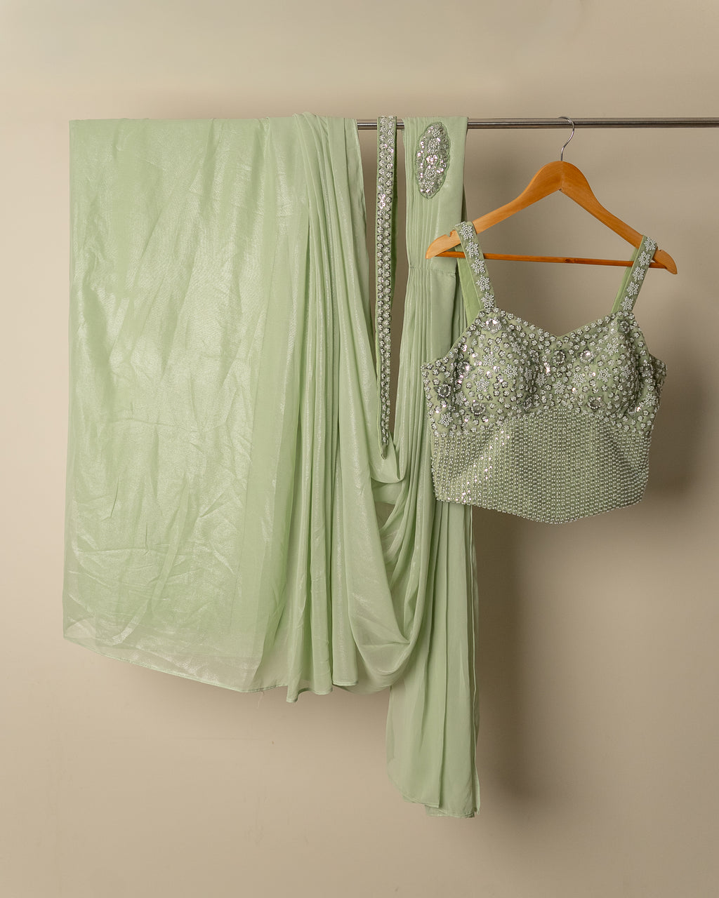 Pre-Draped Pista Green Saree & Blouse Set