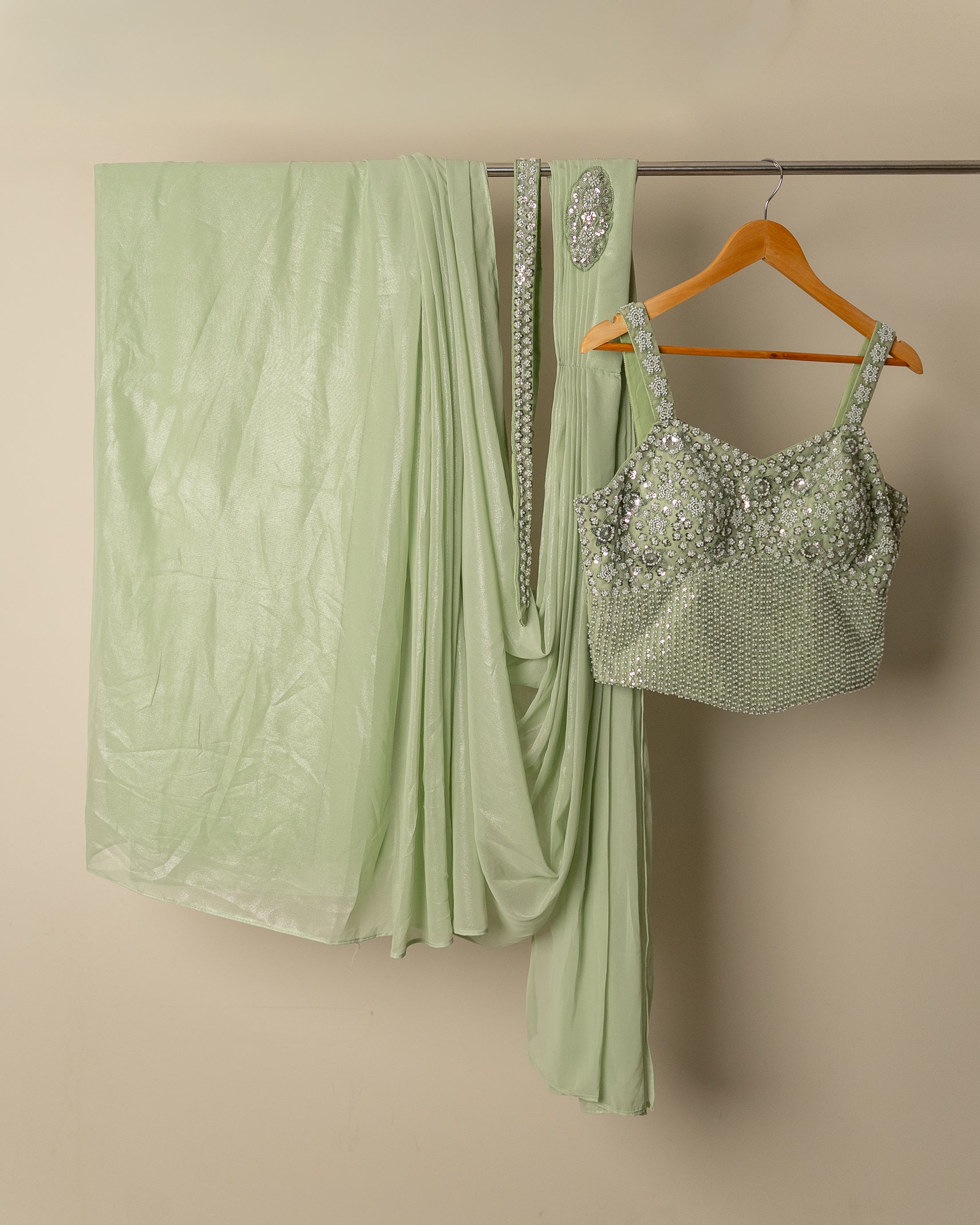 Pre-Draped Pista Green Saree & Blouse Set