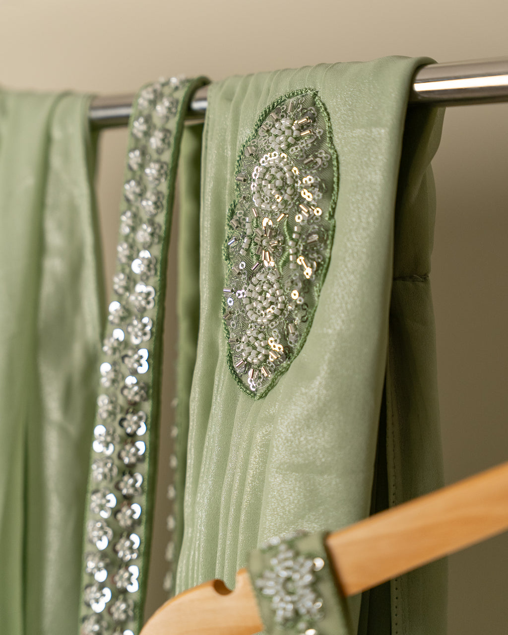 Pre-Draped Pista Green Saree & Blouse Set