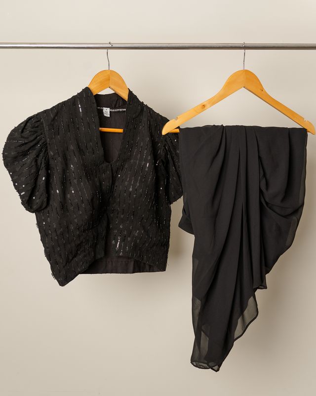 Black Embellished Puff Sleeve Top with Draped Dhoti Pant Co-Ord Set