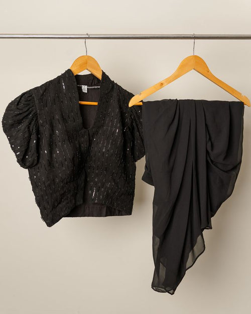 Black Embellished Puff Sleeve Top with Draped Dhoti Pant Co-Ord Set