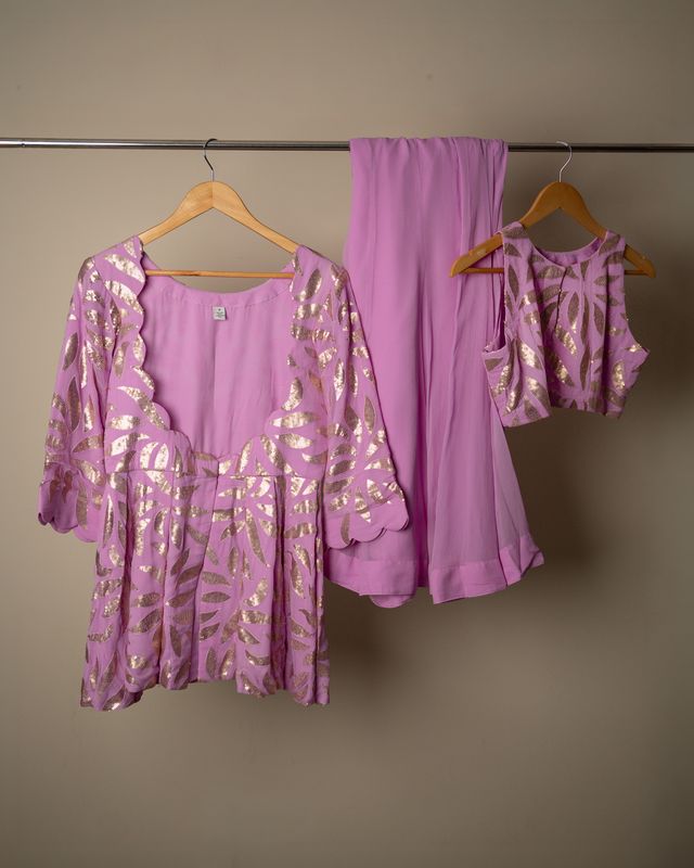 Lavender Foil Print Peplum Co-Ord Set with Plain Palazzo