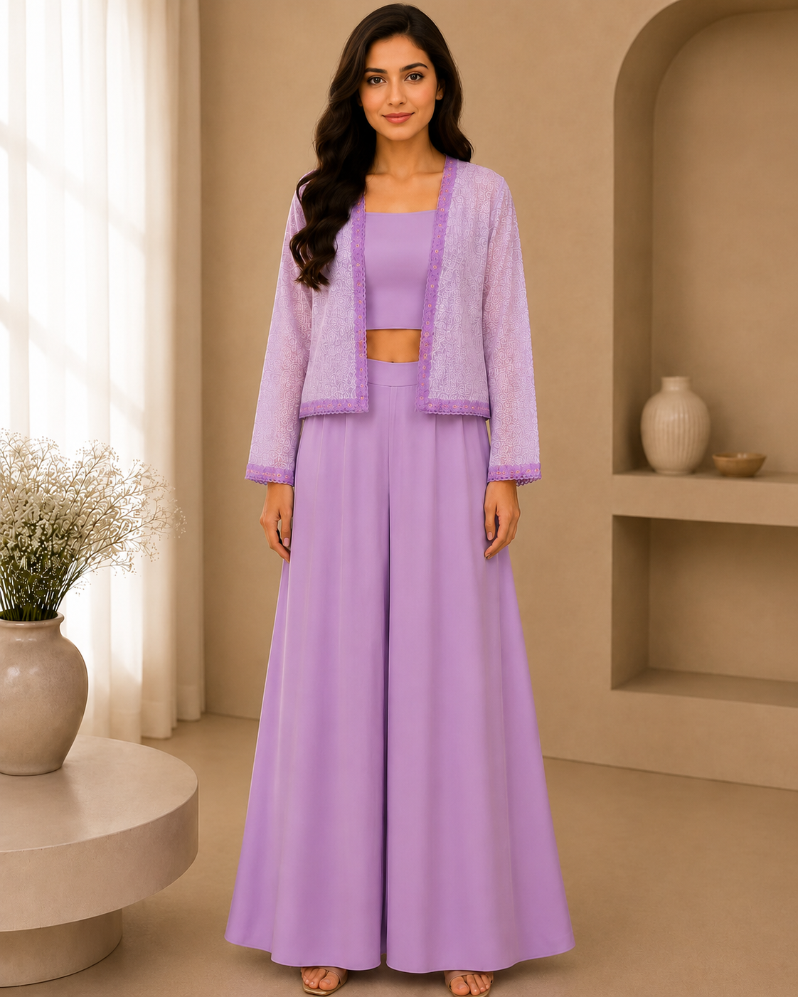 Lavender Co-Ord Set with Lace Overlay Jacket & Wide Leg Pants
