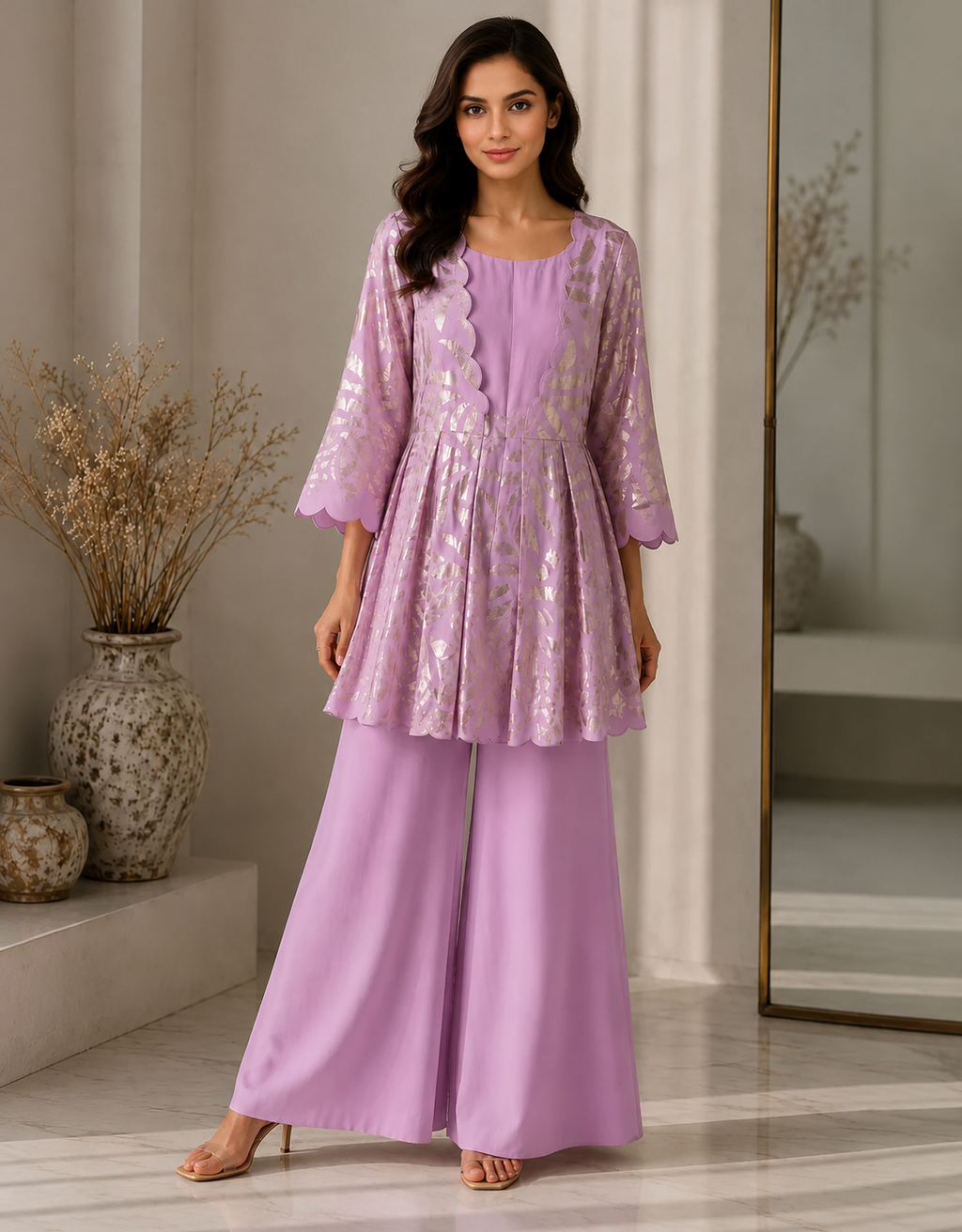 Lavender Foil Print Peplum Co-Ord Set with Plain Palazzo