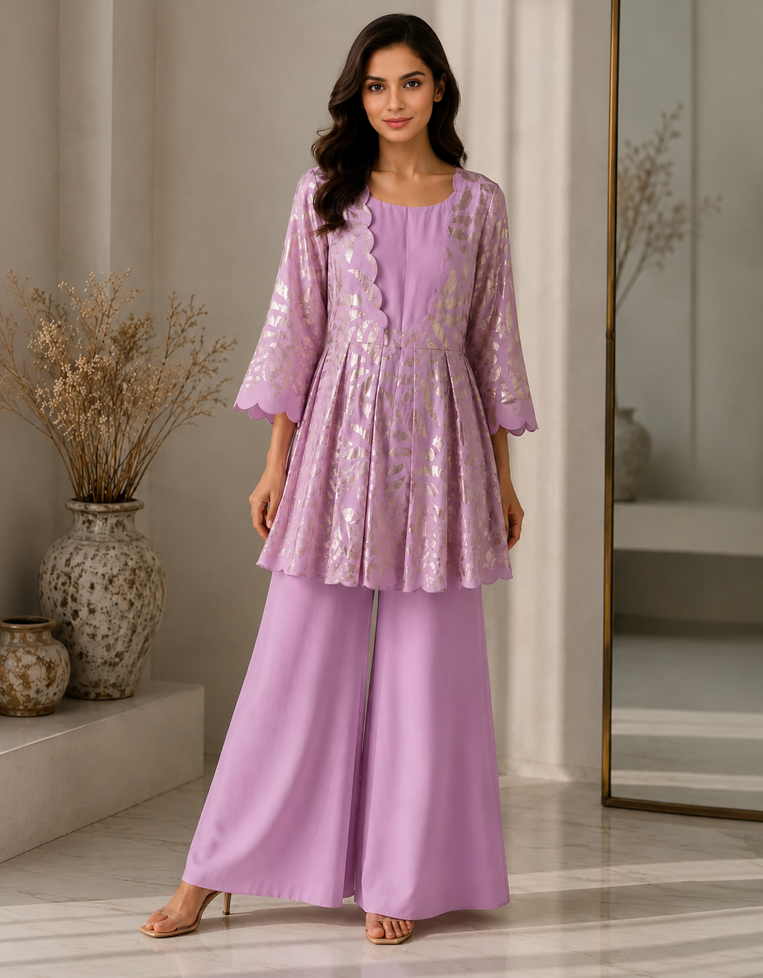 Lavender Foil Print Peplum Co-Ord Set with Plain Palazzo