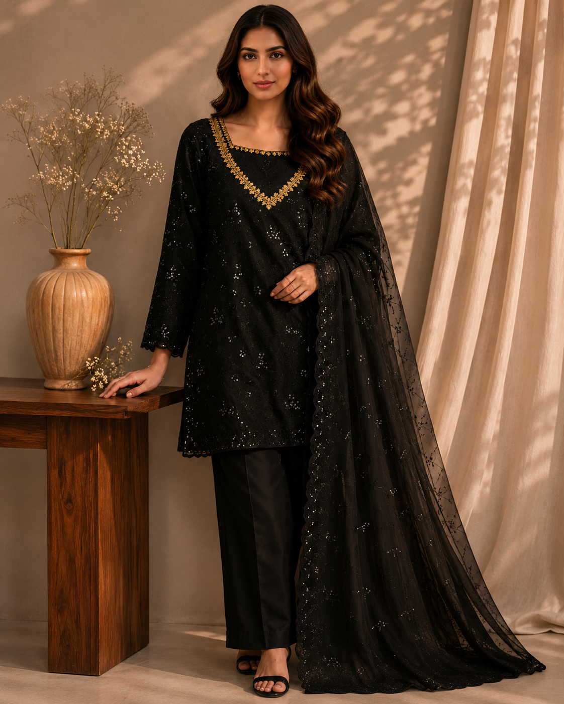 Noir Sequin Embroidered Suit set