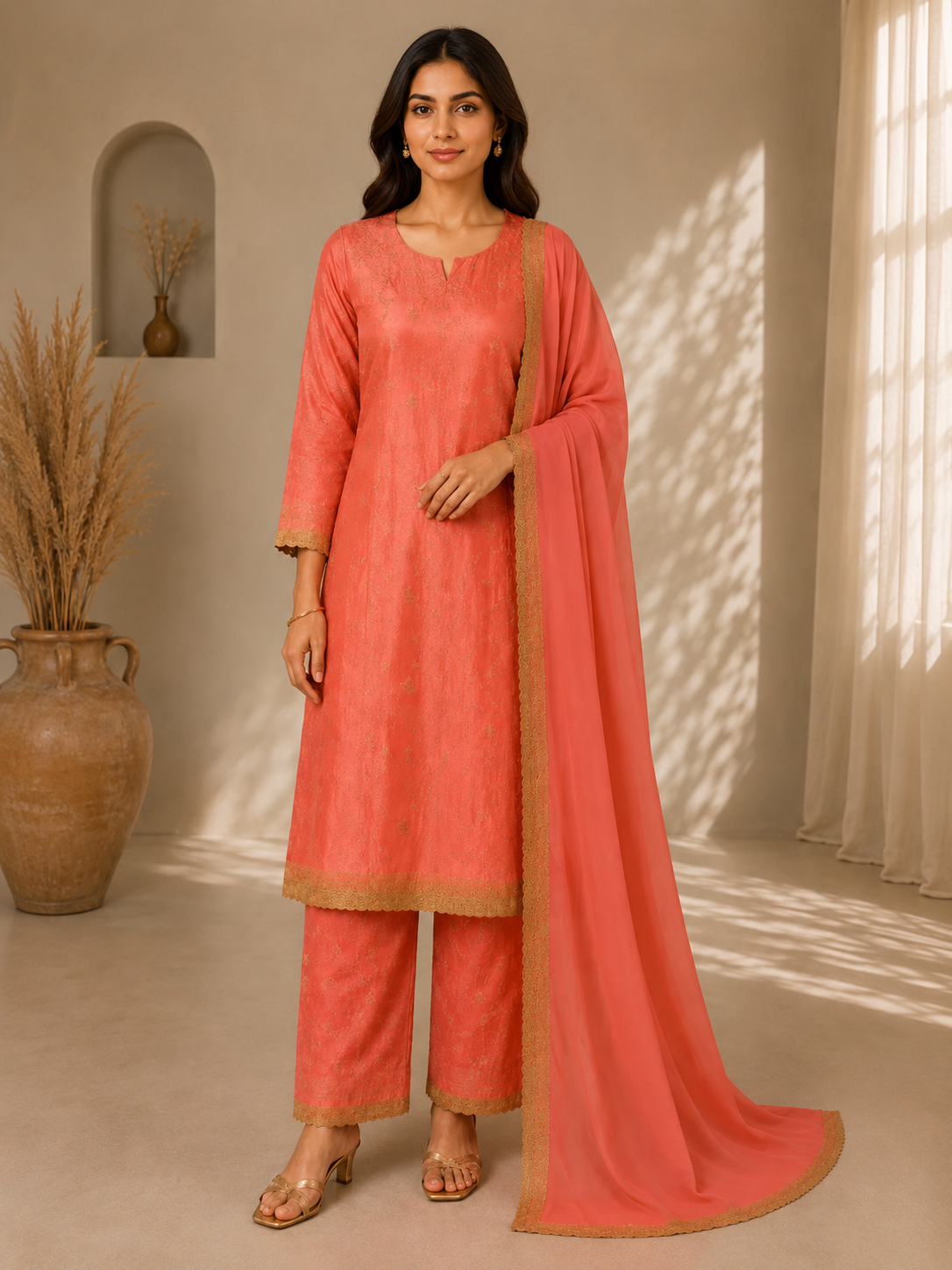 Peachy Pink Embroidered Suit