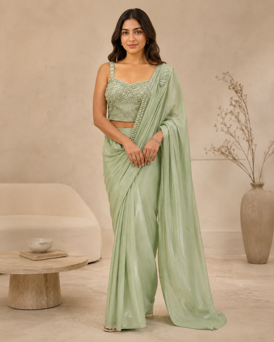 Pre-Draped Pista Green Saree & Blouse Set