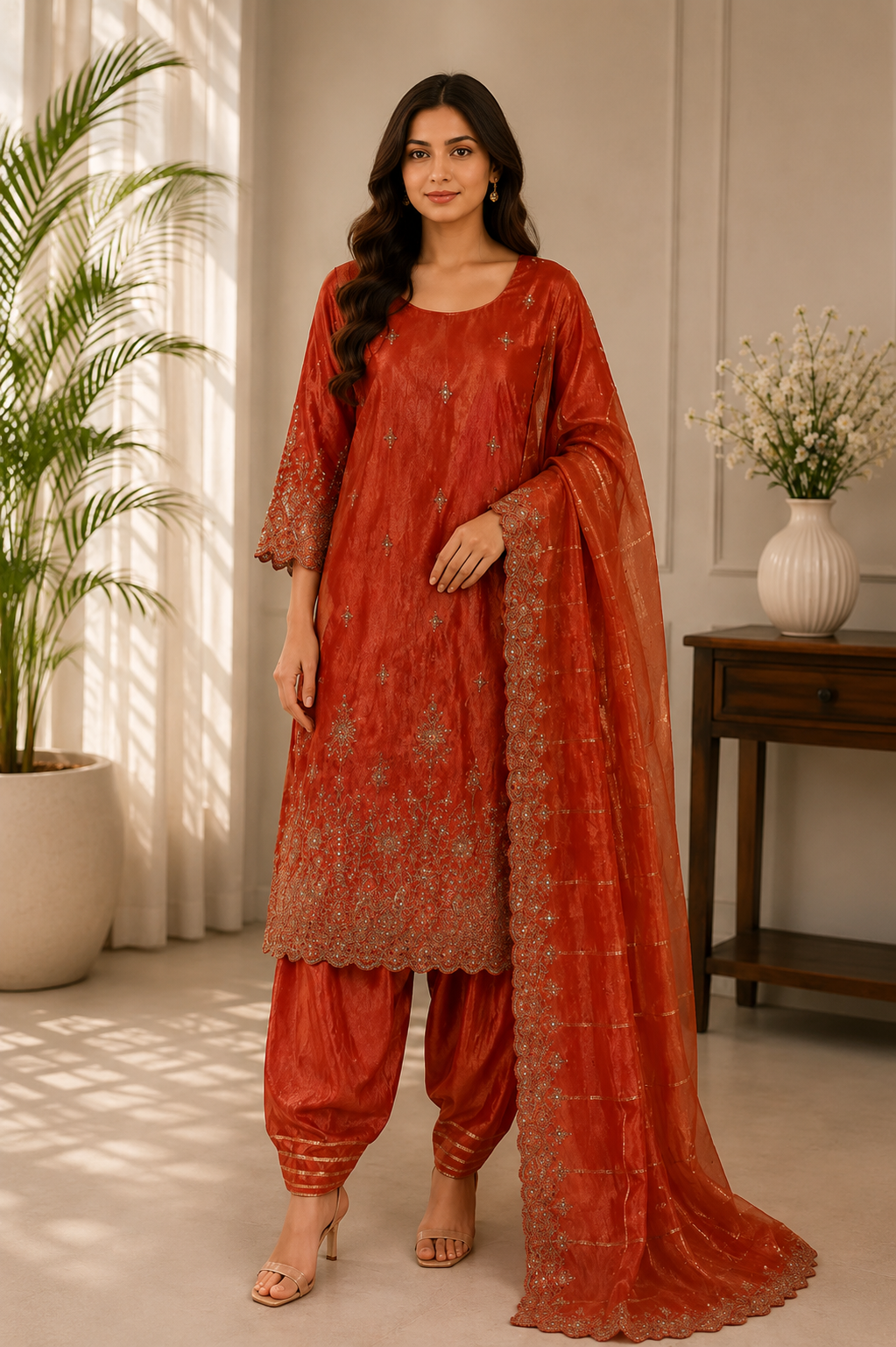 Rust Orange Embroidered Farshi Salwar Suit Set