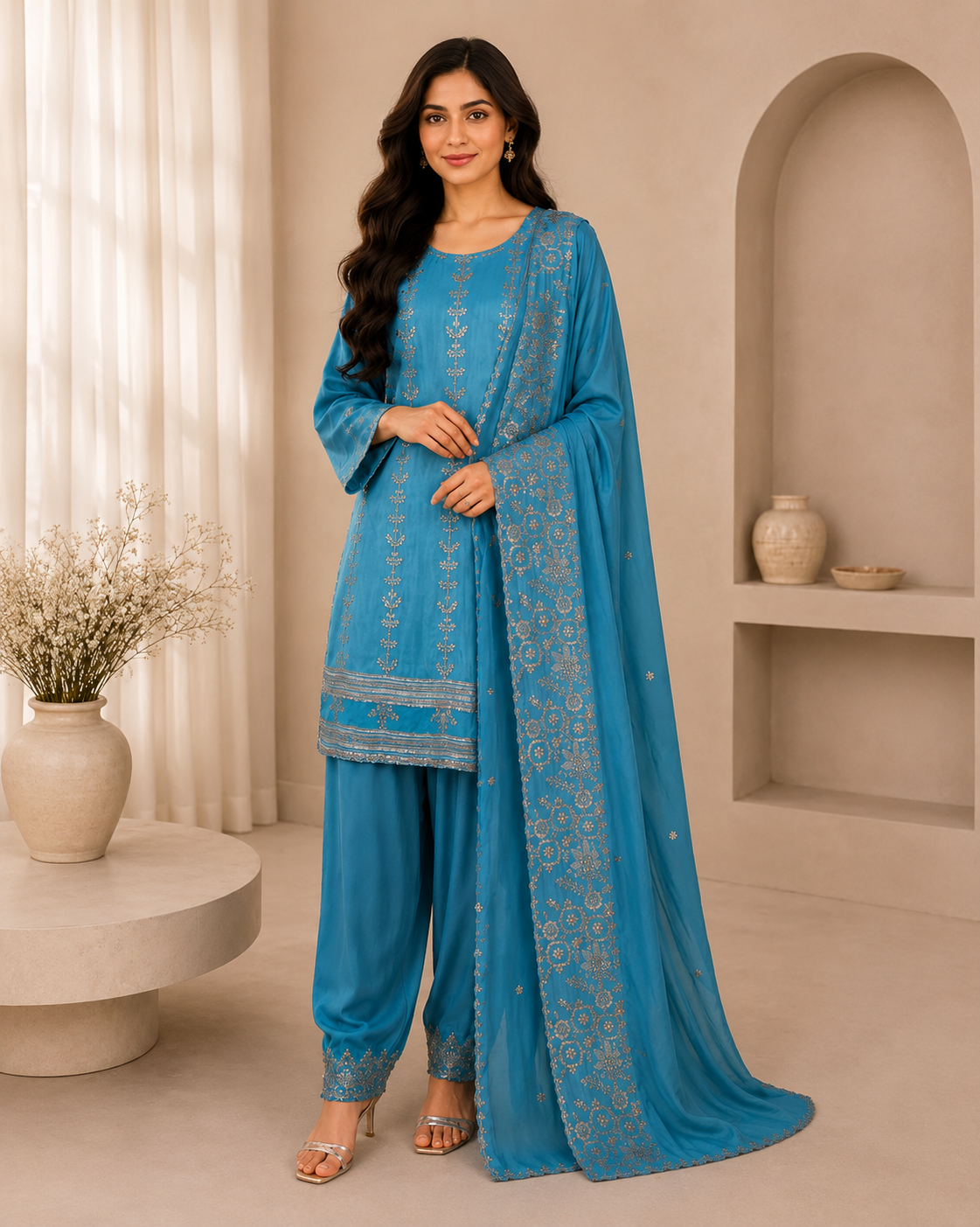 Sky Blue Embroidered Luxury  Suit
