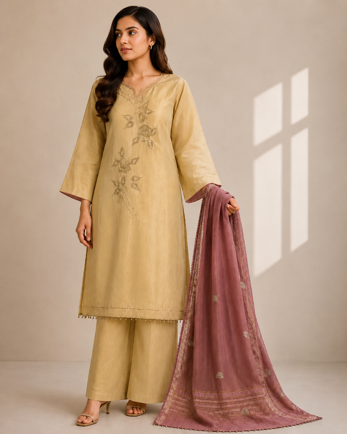 Dusty Rose Crinkle Suit Set with Embellished Kurti