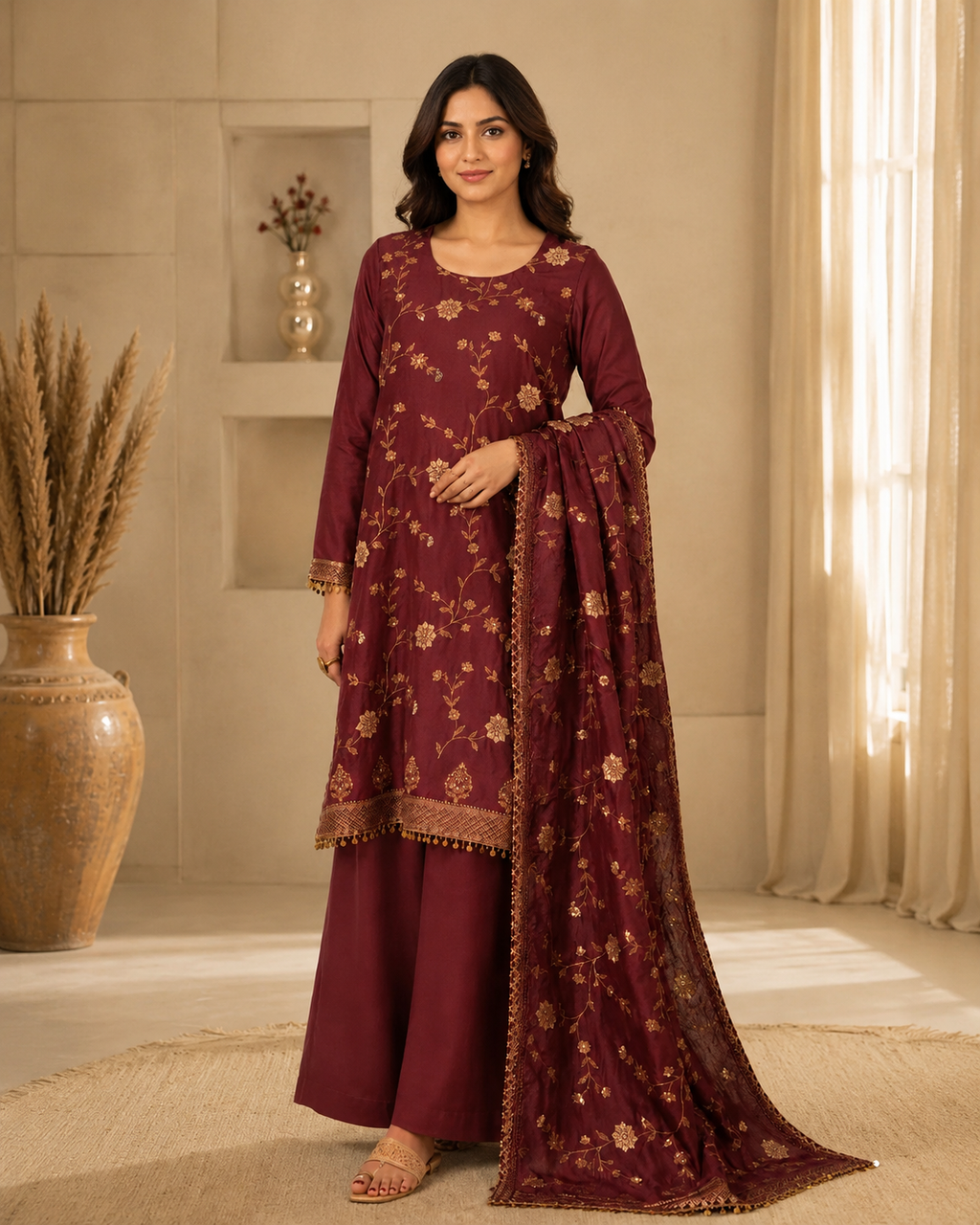 Wine Floral Silk Kurta Set