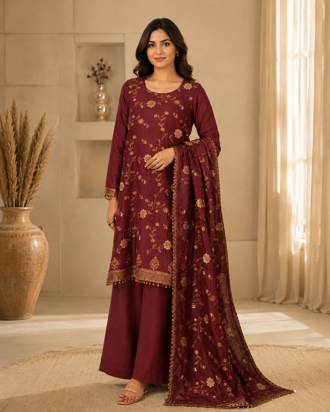 Wine Floral Silk Kurta Set
