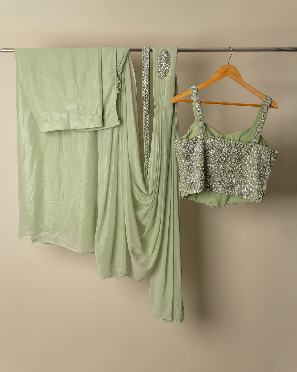 Pre-Draped Pista Green Saree & Blouse Set