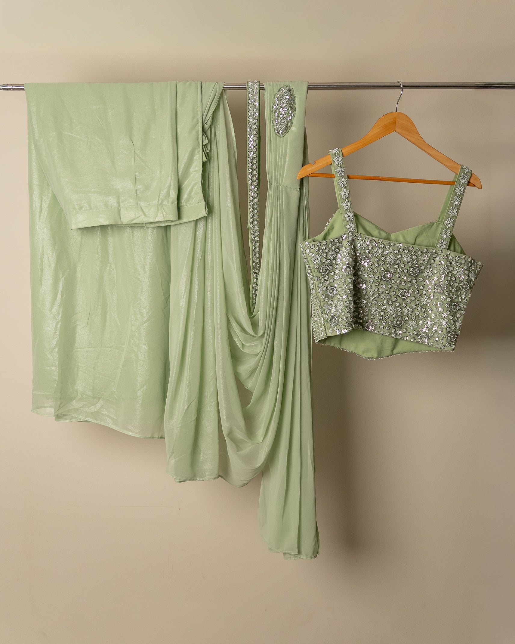 Pre-Draped Pista Green Saree & Blouse Set