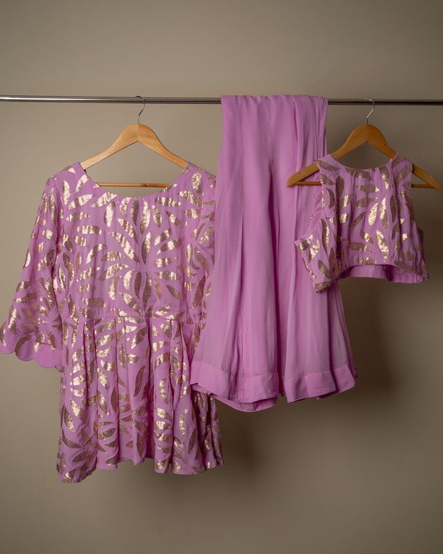 Lavender Foil Print Peplum Co-Ord Set with Plain Palazzo