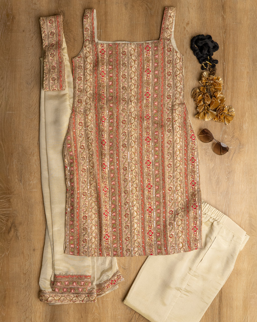 Ivory Beige Embroidered Luxury Suit Set