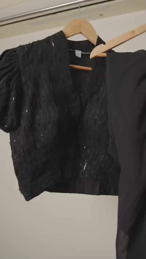 Black Embellished Puff Sleeve Top with Draped Dhoti Pant Co-Ord Set