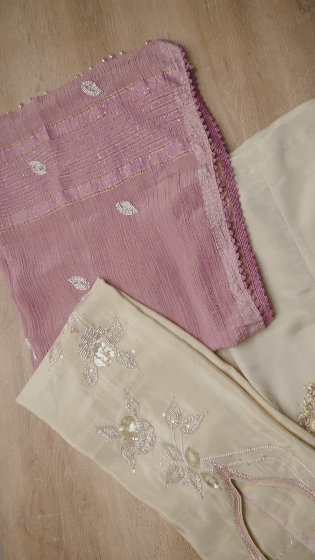 Dusty Rose Crinkle Suit Set with Embellished Kurti