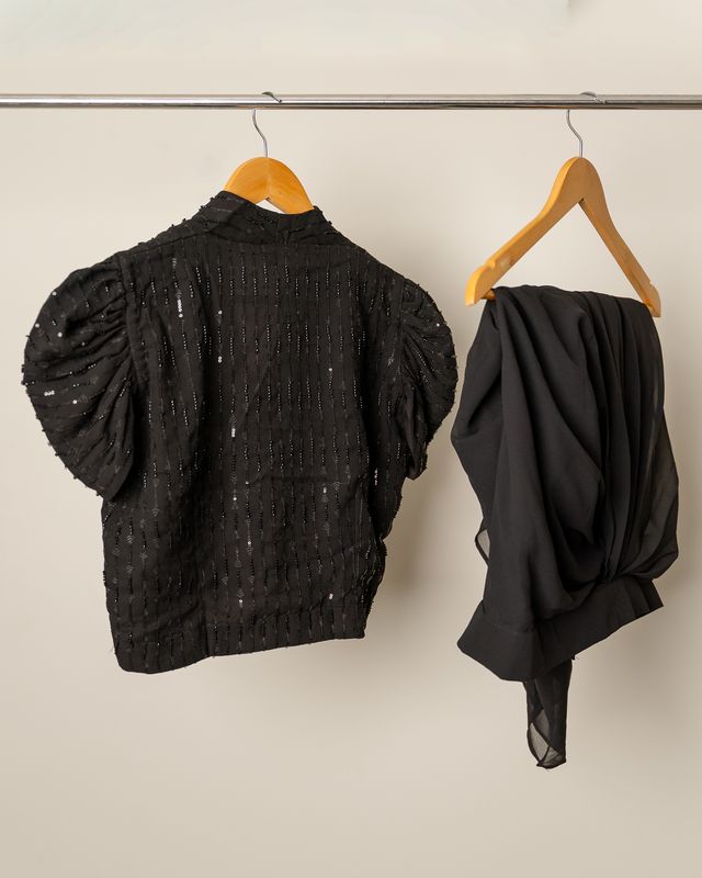 Black Embellished Puff Sleeve Top with Draped Dhoti Pant Co-Ord Set