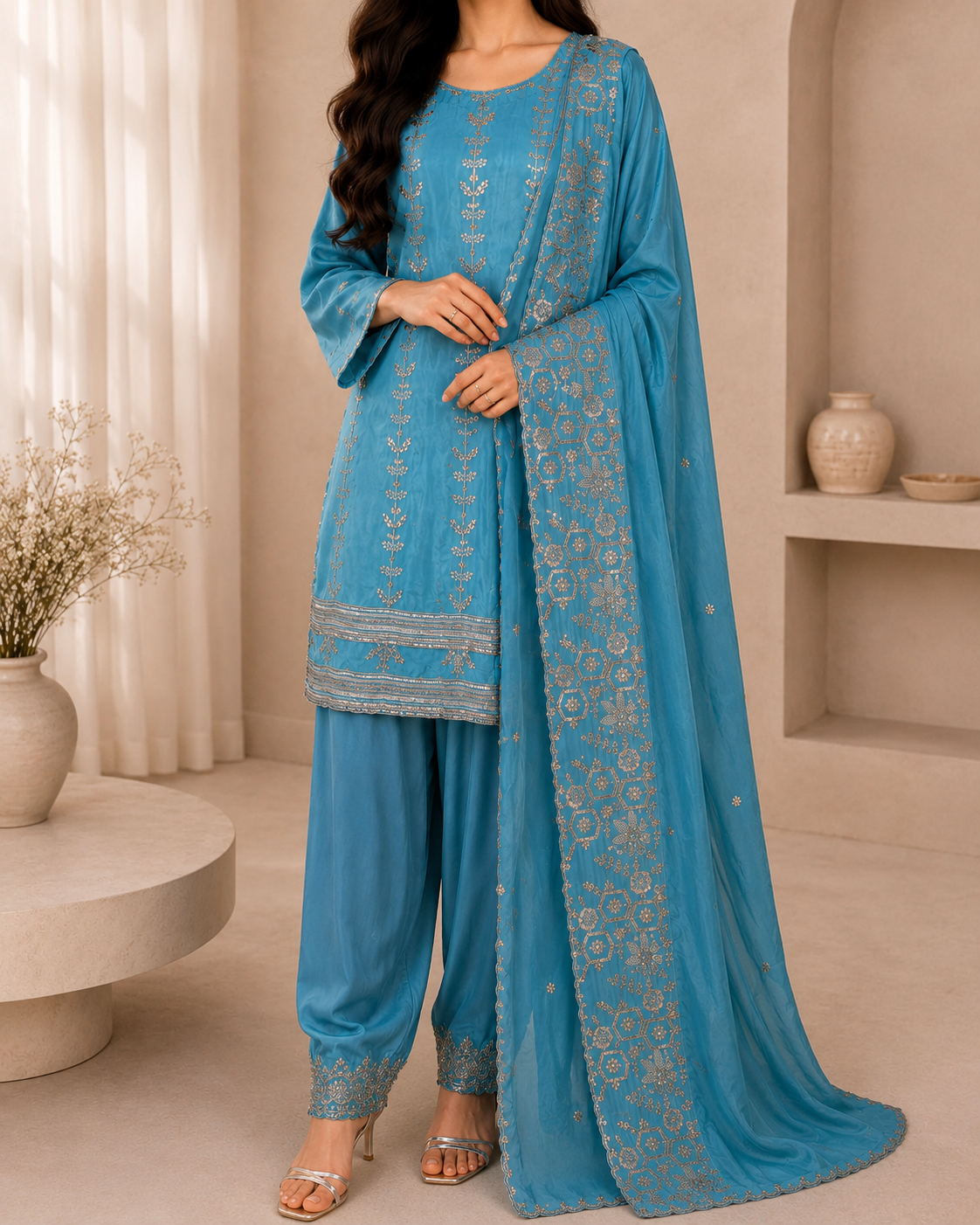 Sky Blue Embroidered Luxury  Suit