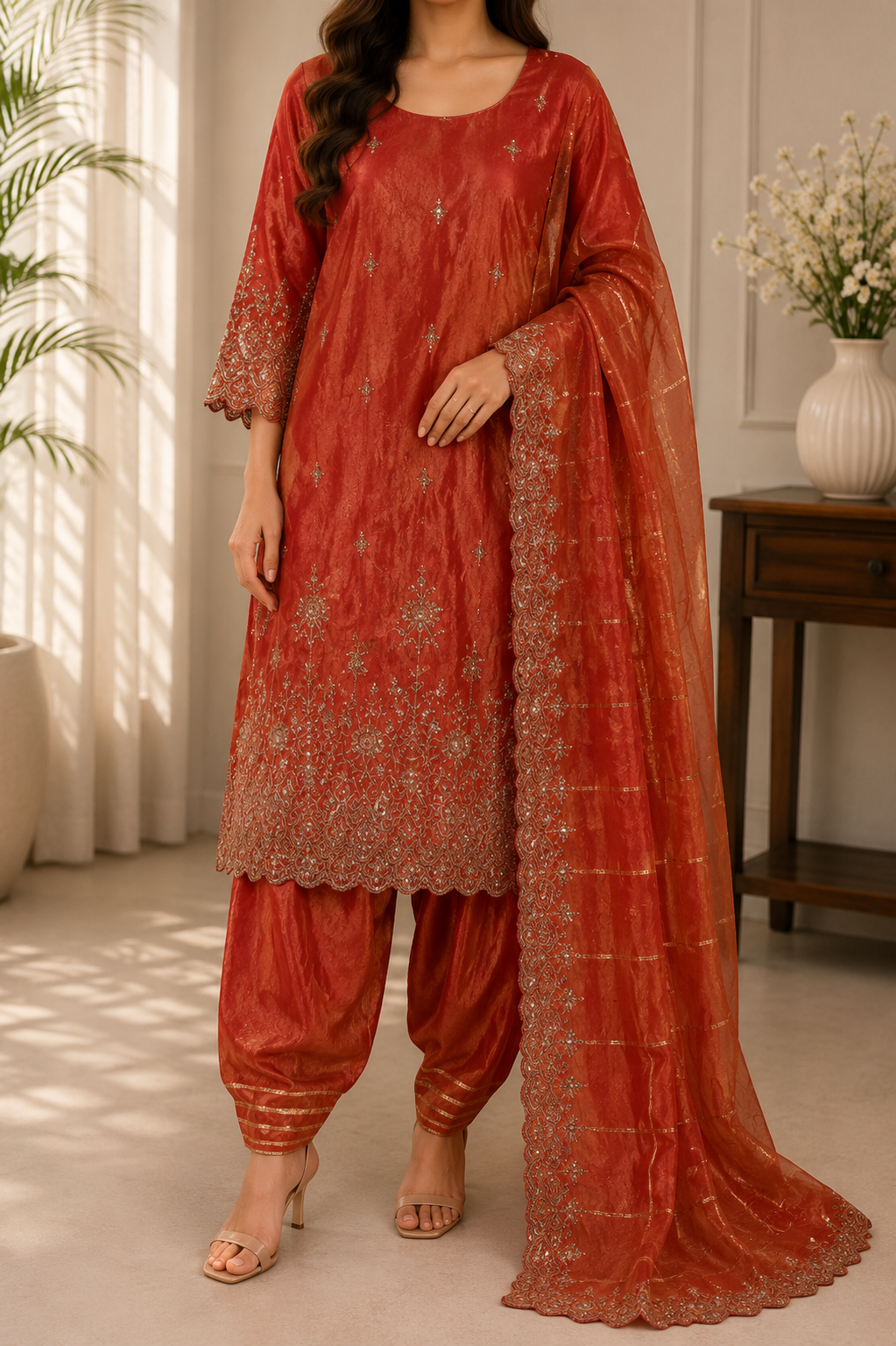 Rust Pink Embroidered Luxury Farshi Salwar Suit Set