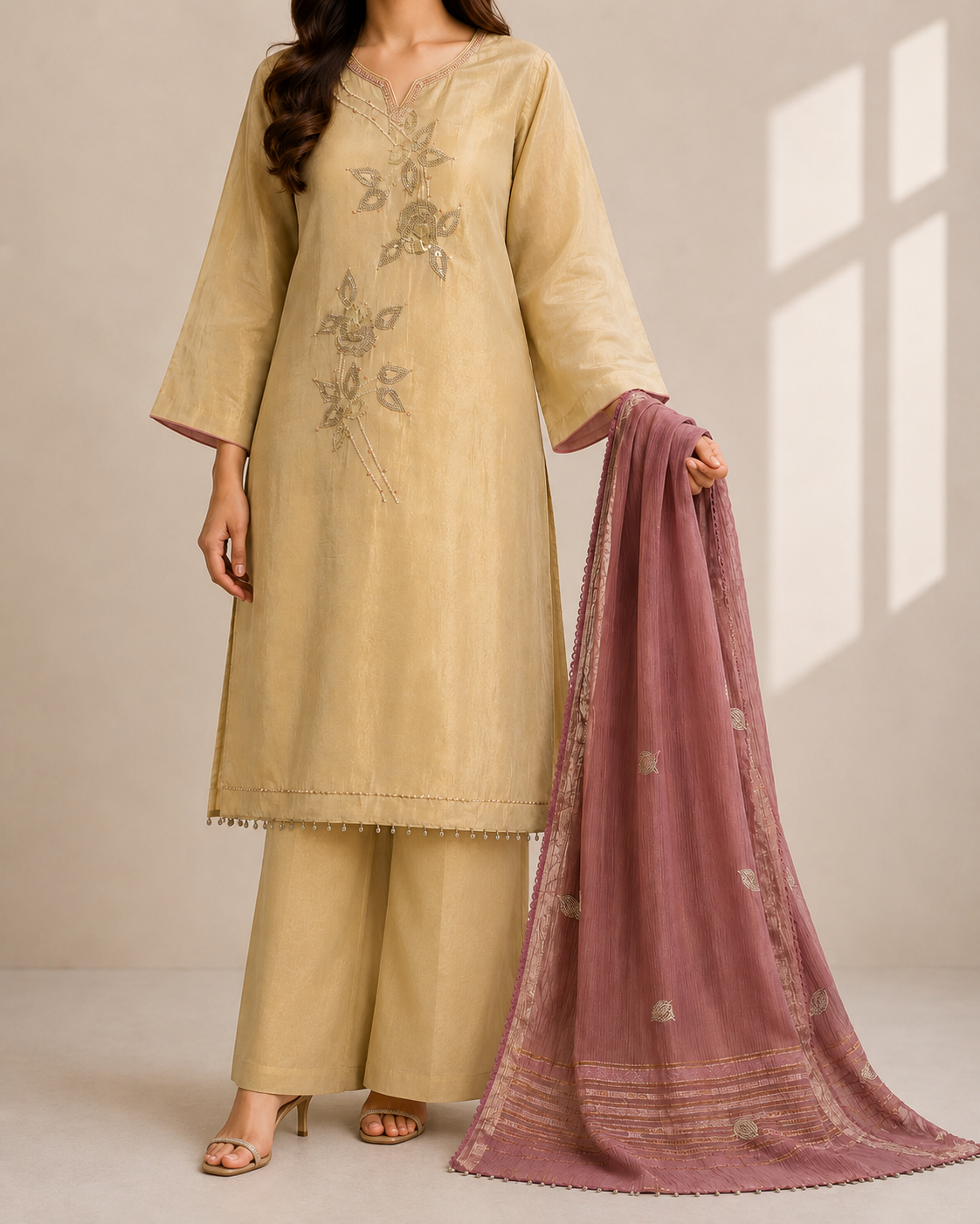 Dusty Rose Crinkle Suit Set with Embellished Kurti