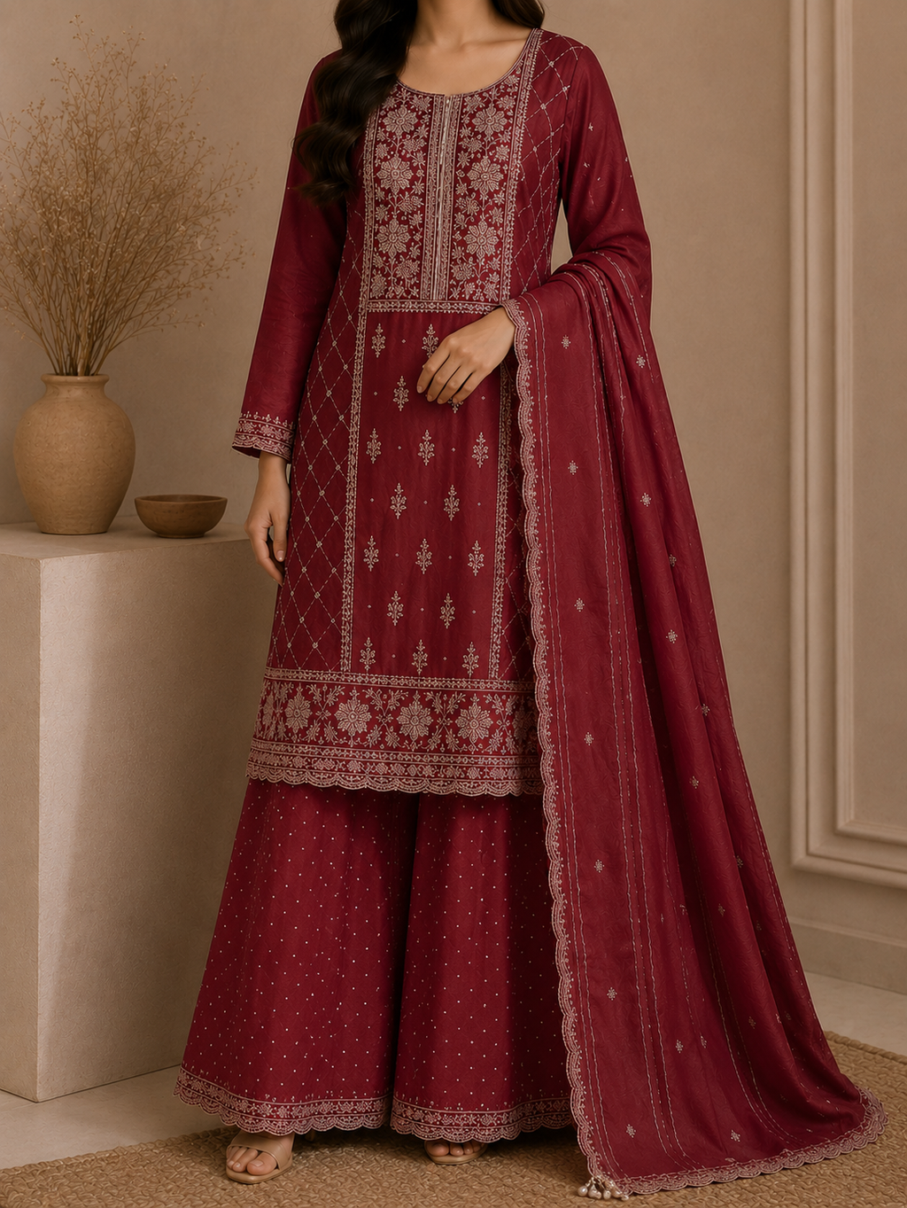 Deep Maroon Embroidered Kurta  Set