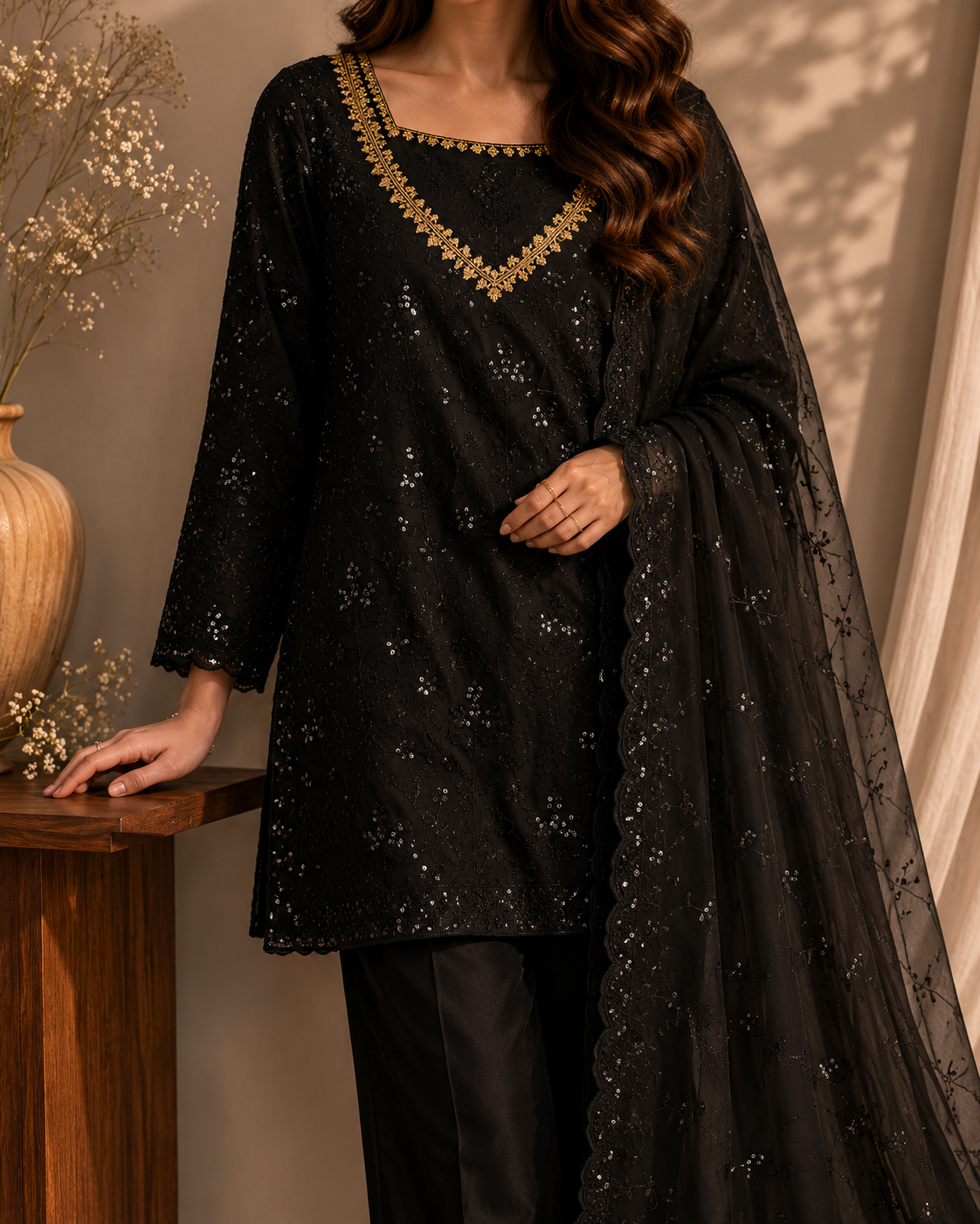 Noir Sequin Embroidered Suit set