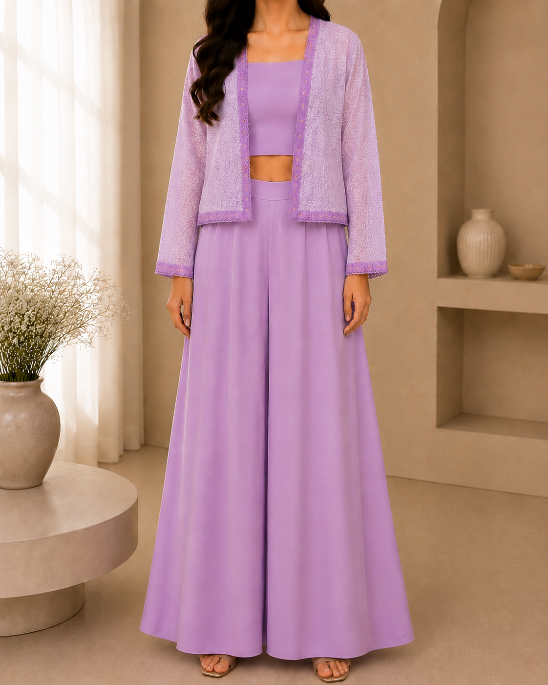 Lavender Co-Ord Set with Lace Overlay Jacket & Wide Leg Pants