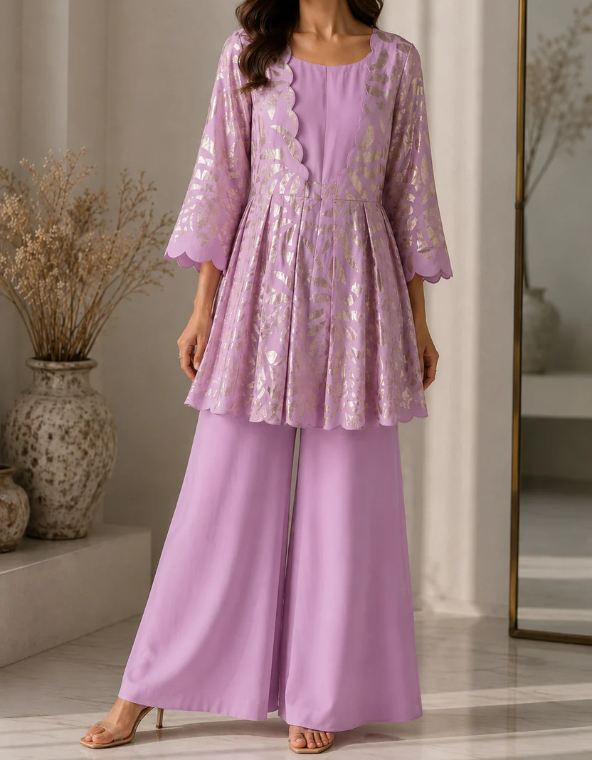 Lavender Foil Print Peplum Co-Ord Set with Plain Palazzo