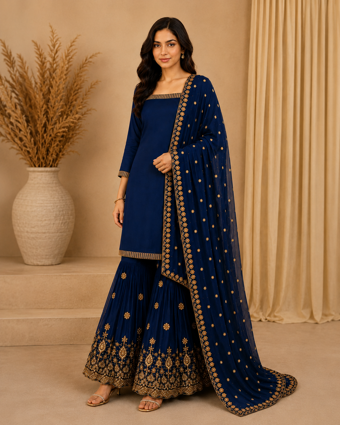 Navy Blue Embroidered Gharara Set