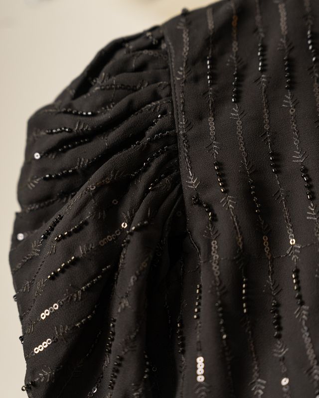 Black Embellished Puff Sleeve Top with Draped Dhoti Pant Co-Ord Set